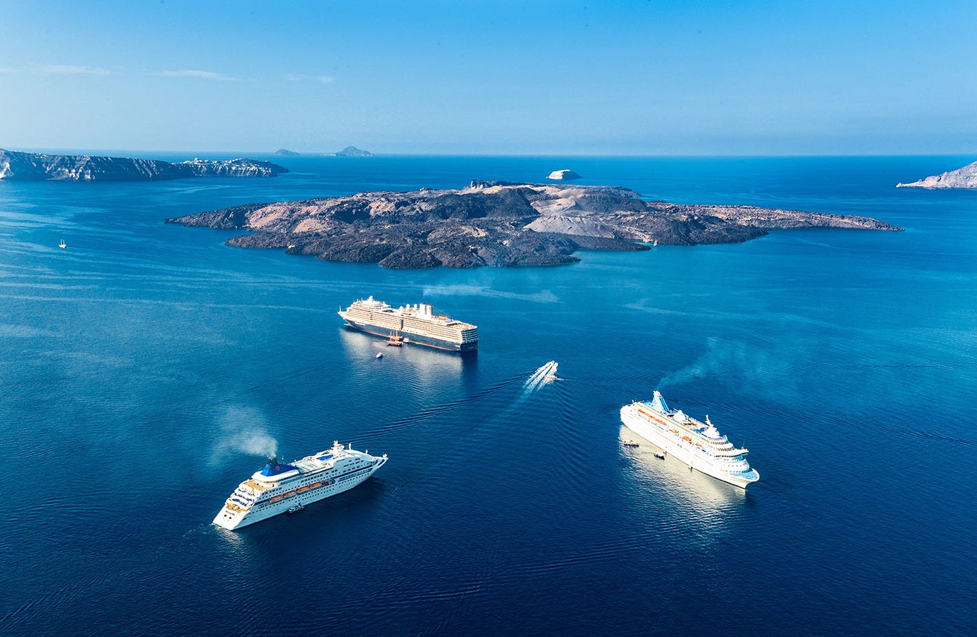 Greece, Santorini, cruise ship in  the Caldera sea area seen from the Fira village